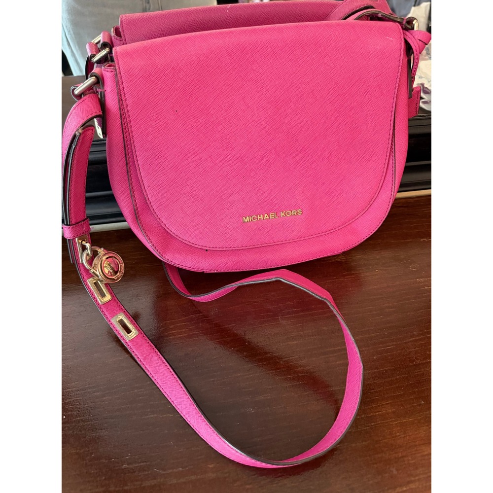 Michael Kors Crossbody Bag Women Small Pink Good Saffiano Leather Saddle Bag - Picture 5 of 8